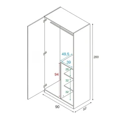 Armoire Abilene, armoire de chambre avec 2 portes, armoire avec 3 Etageres et tringle à vêtements, 90x52h200 cm, blanc et marron
