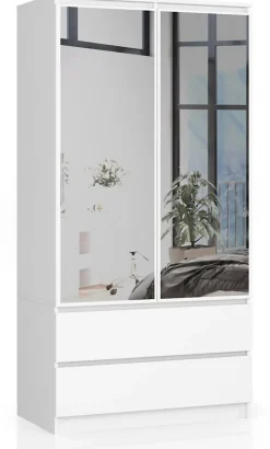 Armoire AKORD S90 avec miroir Blanche 90 cm 2 portes 2 tiroirs façade Blanche 4 étagères 90x51x180 cm