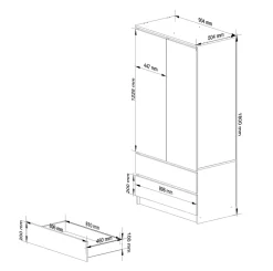 Armoire AKORD S90 avec miroir Blanche 90 cm 2 portes 2 tiroirs façade Blanche 4 étagères 90x51x180 cm