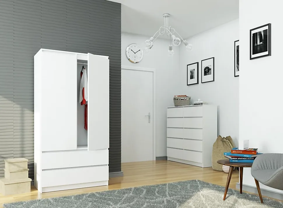 Armoire AKORD S90 Blanche 90 cm 2 portes 2 tiroirs façade Blanche 4 étagères 90x51x180 cm