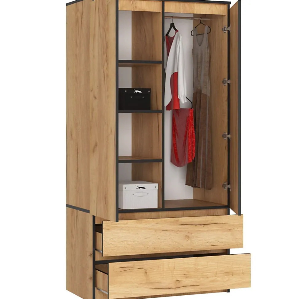 Armoire AKORD S90 Chêne Craft 90 cm 2 portes 2 tiroirs façade Chêne Craft 4 étagères 90x51x180 cm