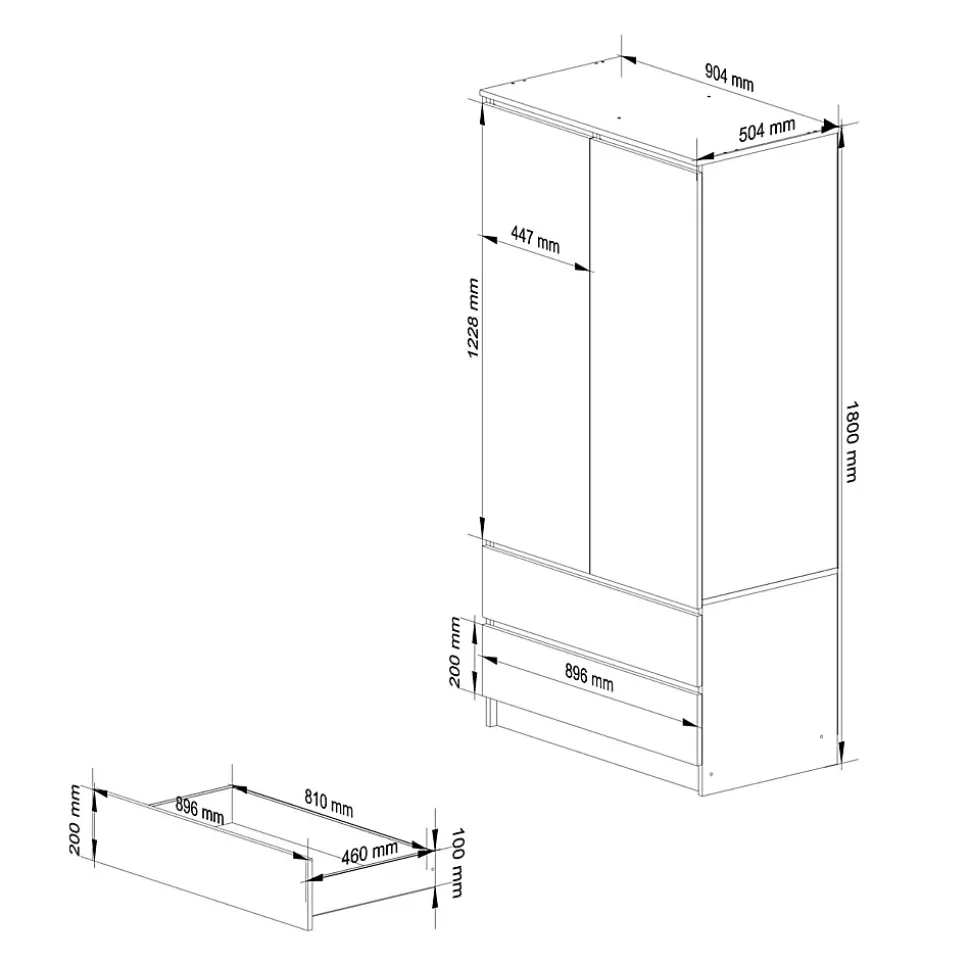 Armoire AKORD S90 Chêne Sonoma 90 cm 2 portes 2 tiroirs façade Blanche 4 étagères 90x51x180 cm