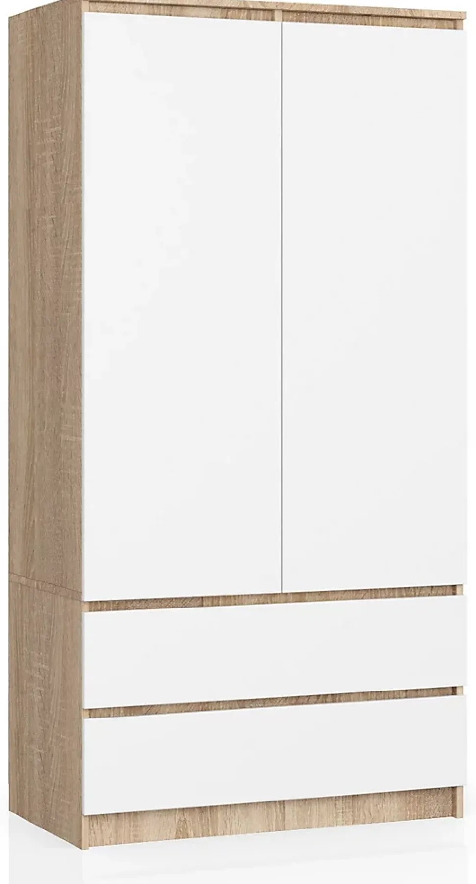 Armoire AKORD S90 Chêne Sonoma 90 cm 2 portes 2 tiroirs façade Blanche 4 étagères 90x51x180 cm
