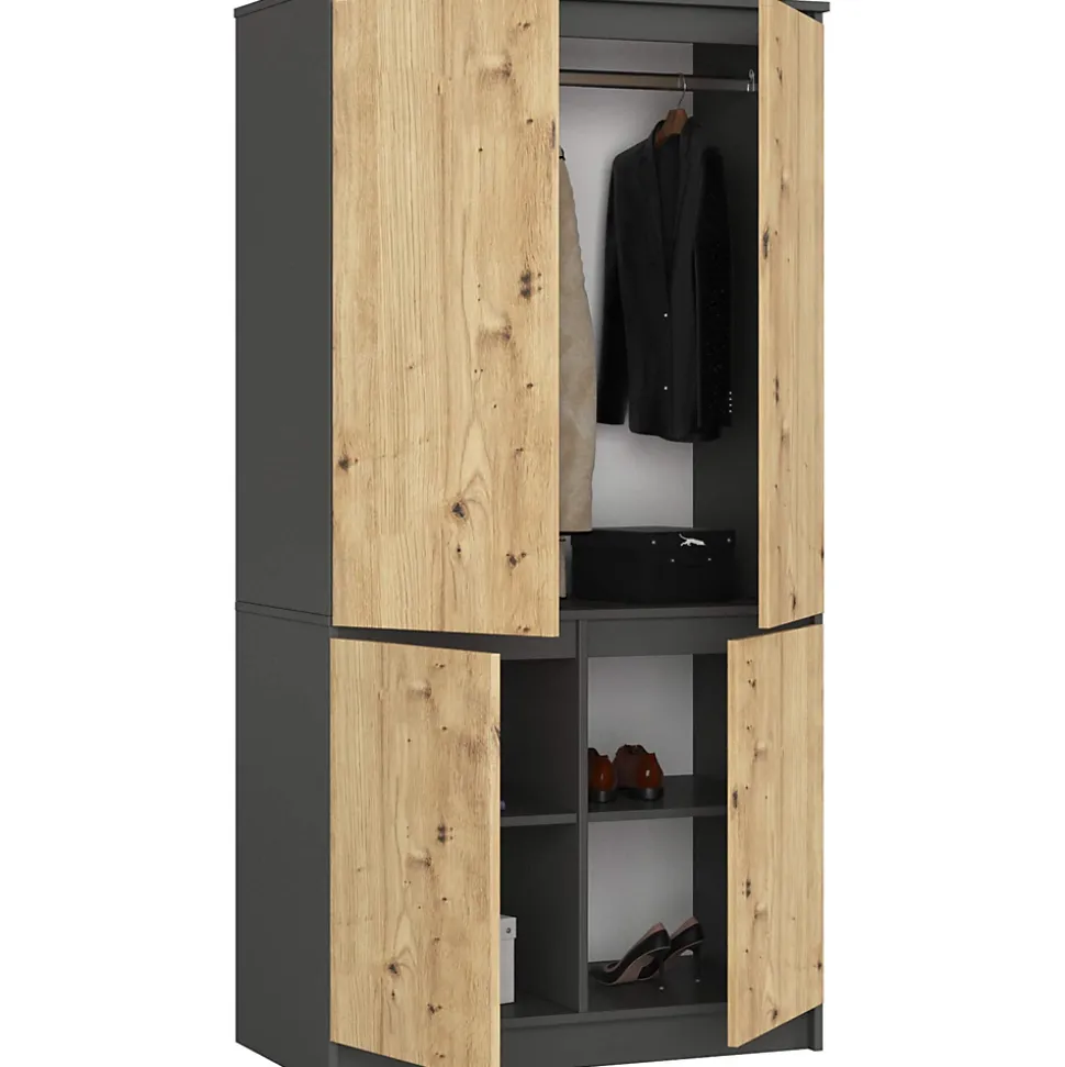 Armoire AKORD S90 Gris Graphite 90 cm 4 portes façade Chêne Artisan 4 étagères 90x51x180 cm