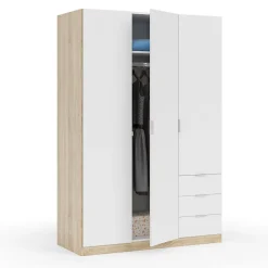 Armoire Allentown, Armoire de Chambre avec 3 Portes et 3 Tiroirs, Armoire avec Barre de Suspension, 121x52h180 cm, Blanc et Chêne