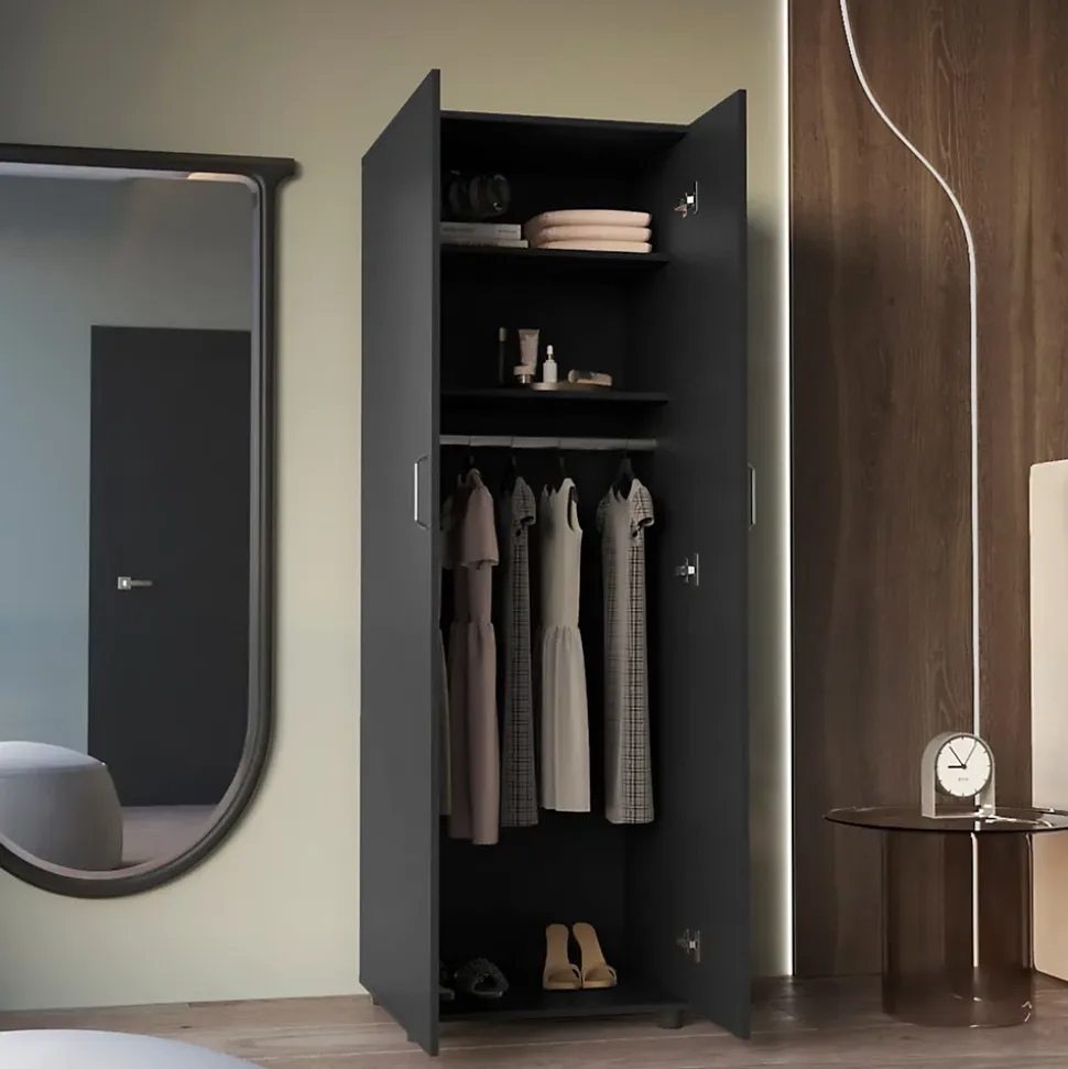 Armoire Aurora en mélamine avec deux étagères et une tringle à vêtements , 180 cm X 60 cm X 48.5 cm , Noir