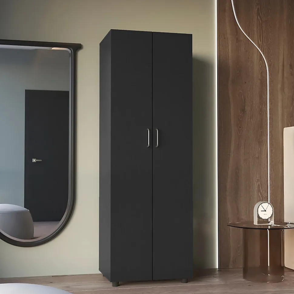 Armoire Aurora en mélamine avec deux étagères et une tringle à vêtements , 180 cm X 60 cm X 48.5 cm , Noir
