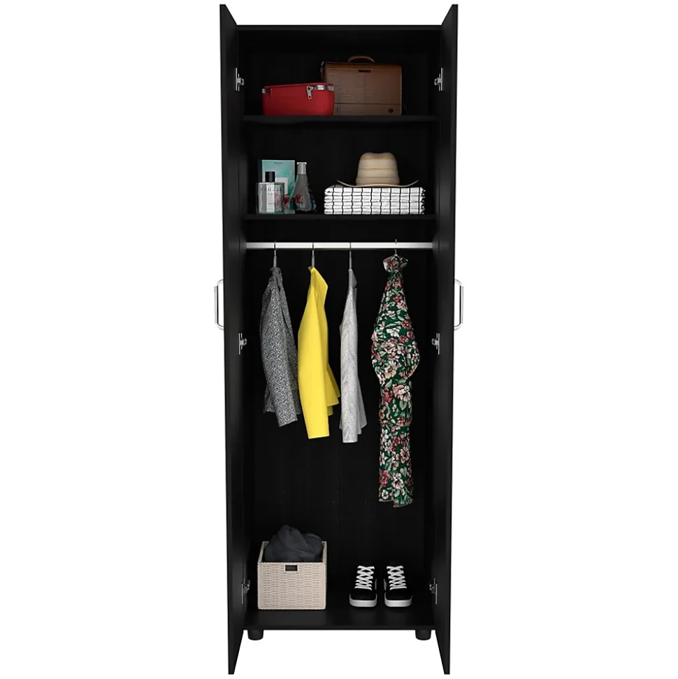 Armoire Aurora en mélamine avec deux étagères et une tringle à vêtements , 180 cm X 60 cm X 48.5 cm , Noir