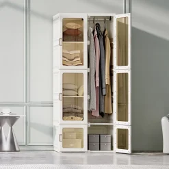 Armoire avce 10 compartiments 6 portes 1 suspension - Pliable Penderie à portes transparentes , 69x50x170cm - Blanc