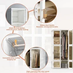 Armoire avce 10 compartiments 6 portes 1 suspension - Pliable Penderie à portes transparentes , 69x50x170cm - Blanc