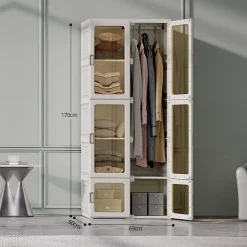 Armoire avce 10 compartiments 6 portes 1 suspension - Pliable Penderie à portes transparentes , 69x50x170cm - Blanc