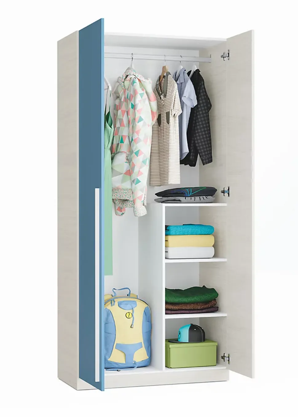 Armoire avec 2 portes coloris Blanc Alpes / bleu en mélamine - Dim : 200 x 90 x 52 cm