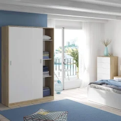 Armoire avec 2 portes coulissantes coloris blanc / chêne canadien - Dim : H 200 x L 120 x P 50 cm