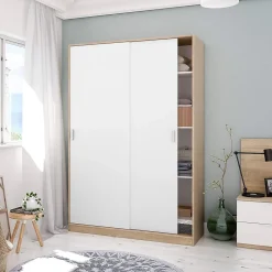 Armoire avec 2 portes coulissantes coloris blanc / chêne canadien - Dim : H 200 x L 120 x P 50 cm
