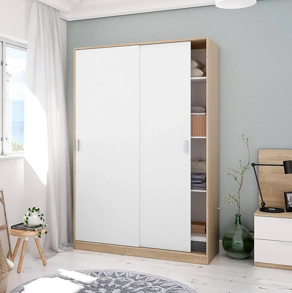 Armoire avec 2 portes coulissantes coloris blanc / chêne canadien - Dim : H 200 x L 120 x P 50 cm