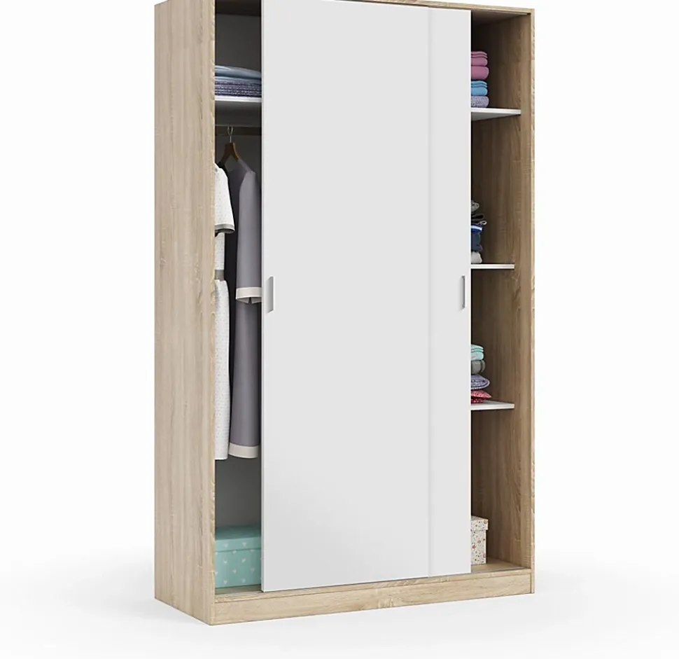 Armoire avec 2 portes coulissantes coloris blanc / chêne canadien - Dim : H 200 x L 120 x P 50 cm