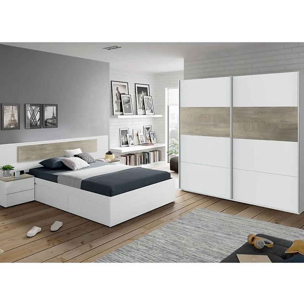 Armoire avec 2 portes coulissantes coloris Alaska chêne à nœuds / blanc artic - Hauteur 200 x Longueur 180 x Profondeur 60 cm