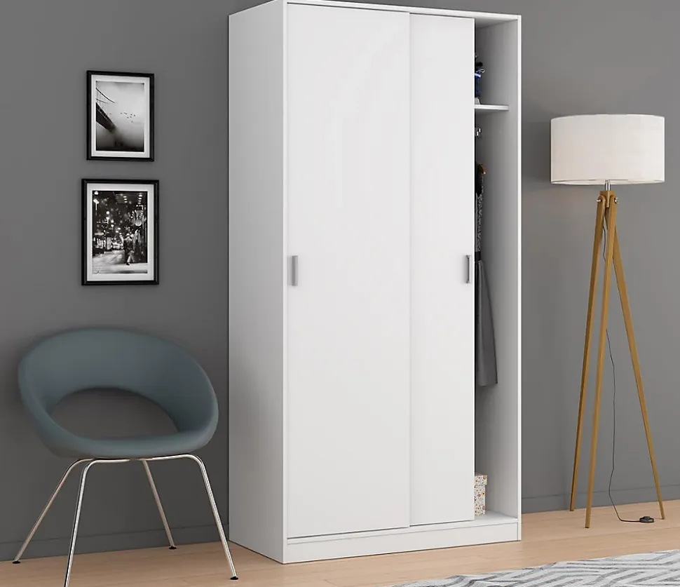 Armoire avec 2 Portes Coulissantes coloris Blanc - Dim : L 100 cm x H 200 x P 50 cm
