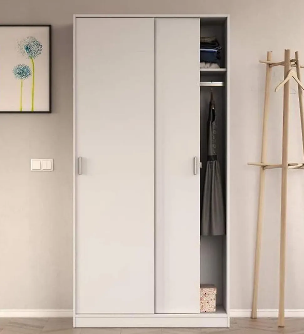 Armoire avec 2 Portes Coulissantes coloris Blanc - Dim : L 100 cm x H 200 x P 50 cm