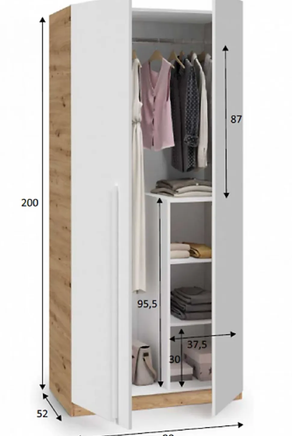 Armoire avec 2 portes en panneaux de particules mélaminés blanc artik/chêne - Longueur 90 x Profondeur 52 x Hauteur 200 cm