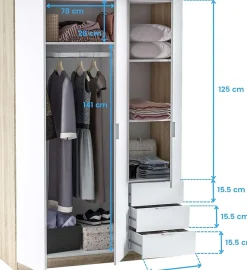 Armoire avec 3 portes et 3 tiroirs Coloris chêne et blanc - Dim : L 121 x H 180 x P 52 cm