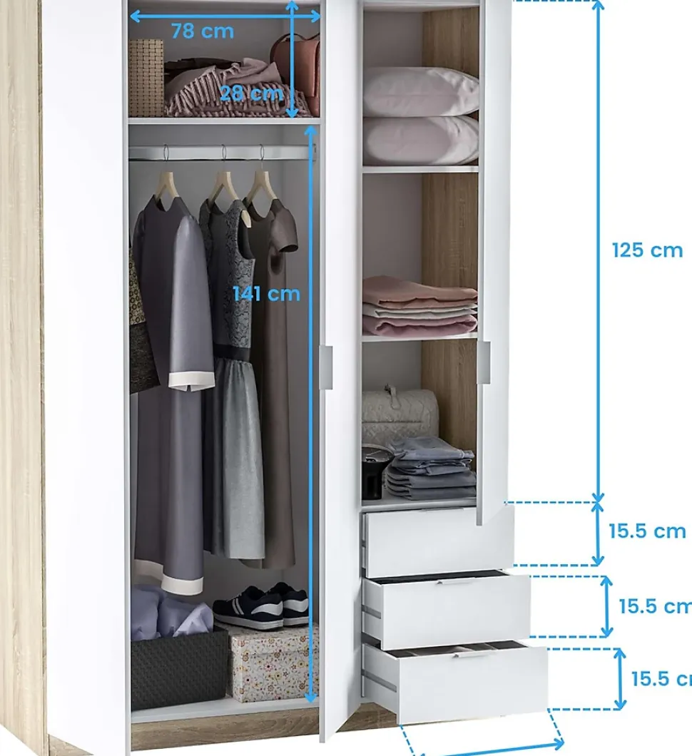 Armoire avec 3 portes et 3 tiroirs Coloris chêne et blanc - Dim : L 121 x H 180 x P 52 cm