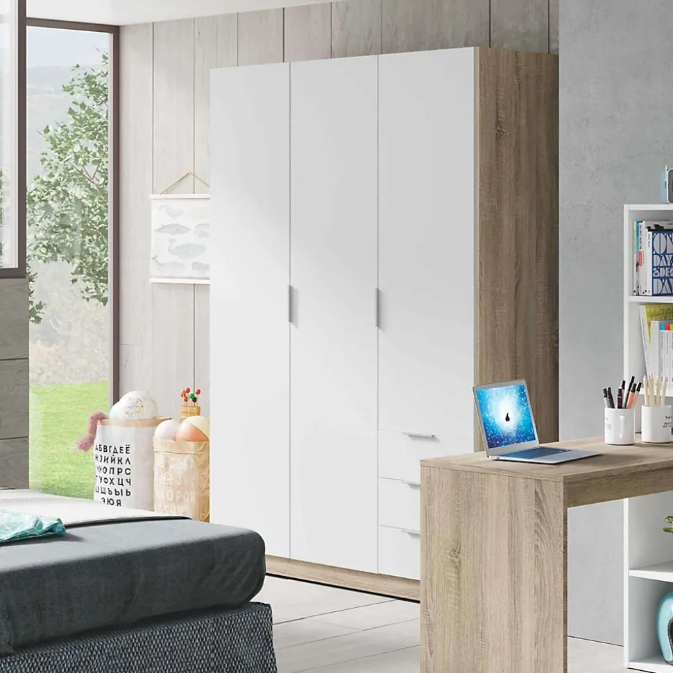 Armoire avec 3 portes et 3 tiroirs Coloris chêne et blanc - Dim : L 121 x H 180 x P 52 cm