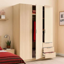 Armoire avec 3 portes et 3 tiroirs coloris Chêne en mélamine - Dim: 180 x 121 x 52 cm