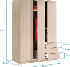 Armoire avec 3 portes et 3 tiroirs coloris Chêne en mélamine - Dim: 180 x 121 x 52 cm