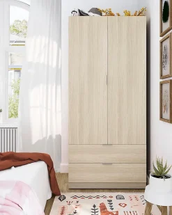 Armoire avec 2 tiroirs imitation chêne - 180 x 81 x 52 cm