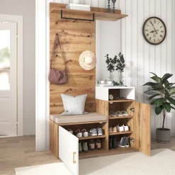 Armoire avec Miroir, Banc et Patère - Armoire à Chaussures - Panneau de Particules et MDF - 105x38,5x190,5 cm - Blanc et Bois