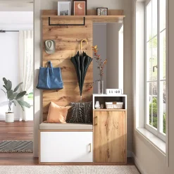 Armoire avec Miroir, Banc et Patère - Armoire à Chaussures - Panneau de Particules et MDF - 105x38,5x190,5 cm - Blanc et Bois