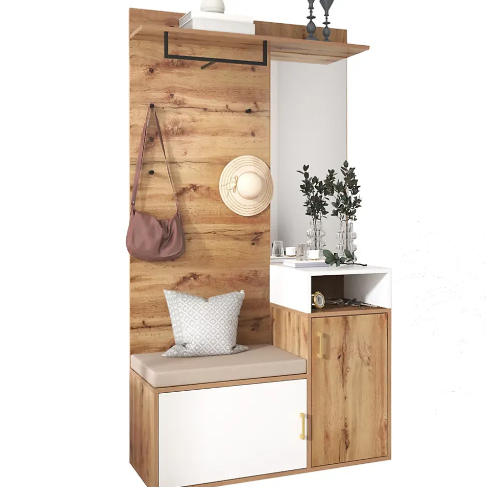 Armoire avec Miroir, Banc et Patère - Armoire à Chaussures - Panneau de Particules et MDF - 105x38,5x190,5 cm - Blanc et Bois