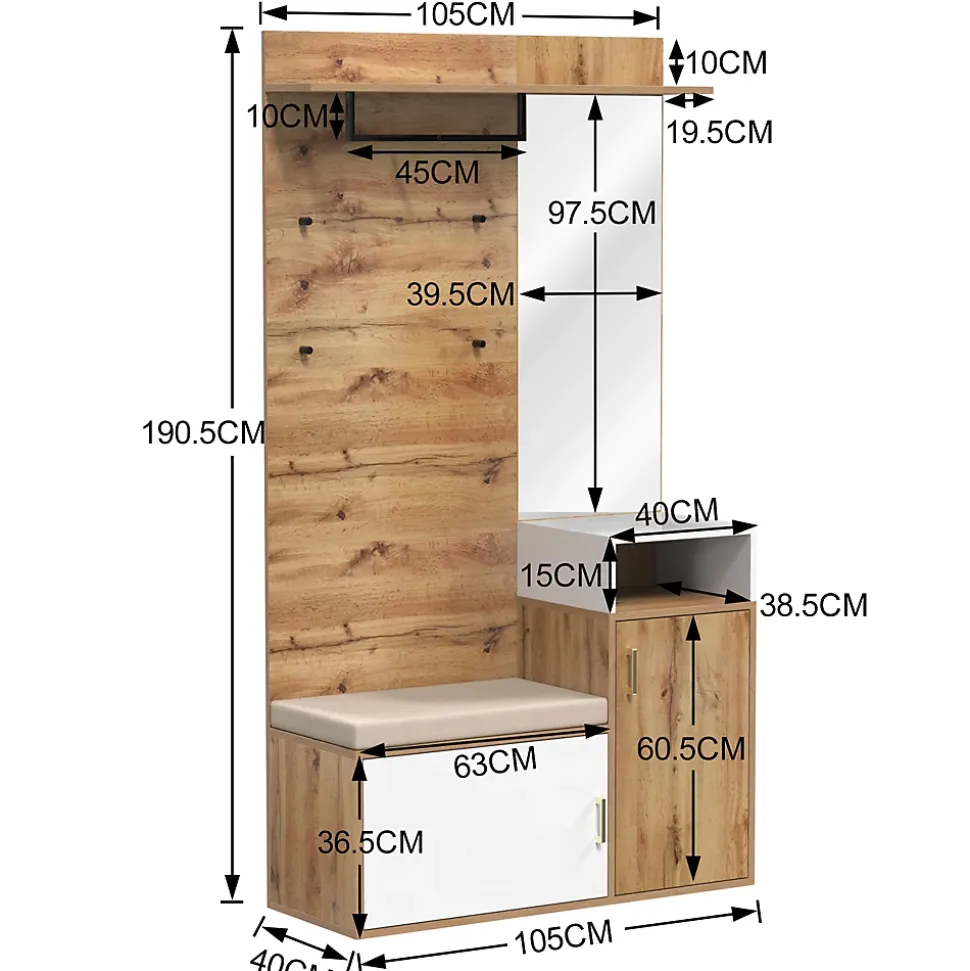 Armoire avec Miroir, Banc et Patère - Armoire à Chaussures - Panneau de Particules et MDF - 105x38,5x190,5 cm - Blanc et Bois