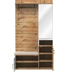 Armoire avec Miroir, Banc et Patère - Armoire à Chaussures - Panneau de Particules et MDF - 105x38,5x190,5 cm - Blanc et Bois