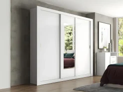 Armoire avec miroir ROXANE - 3 portes coulissantes - L. 220 cm - Blanc