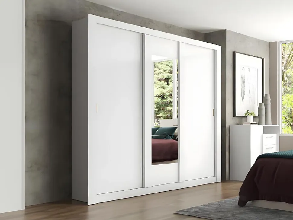 Armoire avec miroir ROXANE - 3 portes coulissantes - L. 220 cm - Blanc