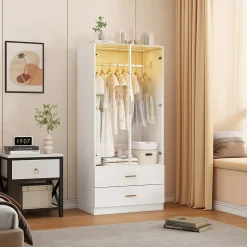 Armoire avec portes en verre trempé et LED, 80x50x175 cm, penderie avec 1 tringle, 2 tiroirs, MDF de qualité supérieure, Blanc