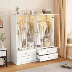 Armoire avec portes en verre trempé et LED, 80x50x175 cm, penderie avec 1 tringle, 2 tiroirs, MDF de qualité supérieure, Blanc