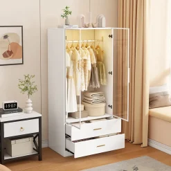 Armoire avec portes en verre trempé et LED, 80x50x175 cm, penderie avec 1 tringle, 2 tiroirs, MDF de qualité supérieure, Blanc