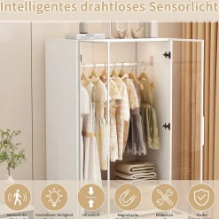 Armoire avec portes en verre trempé et LED, 80x50x175 cm, penderie avec 1 tringle, 2 tiroirs, MDF de qualité supérieure, Blanc