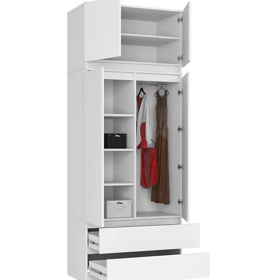 Armoire avec surmeuble AKORD S90 Blanche 90 cm 2 portes 2 tiroirs façade Blanche 6 étagères 90x51x234 cm