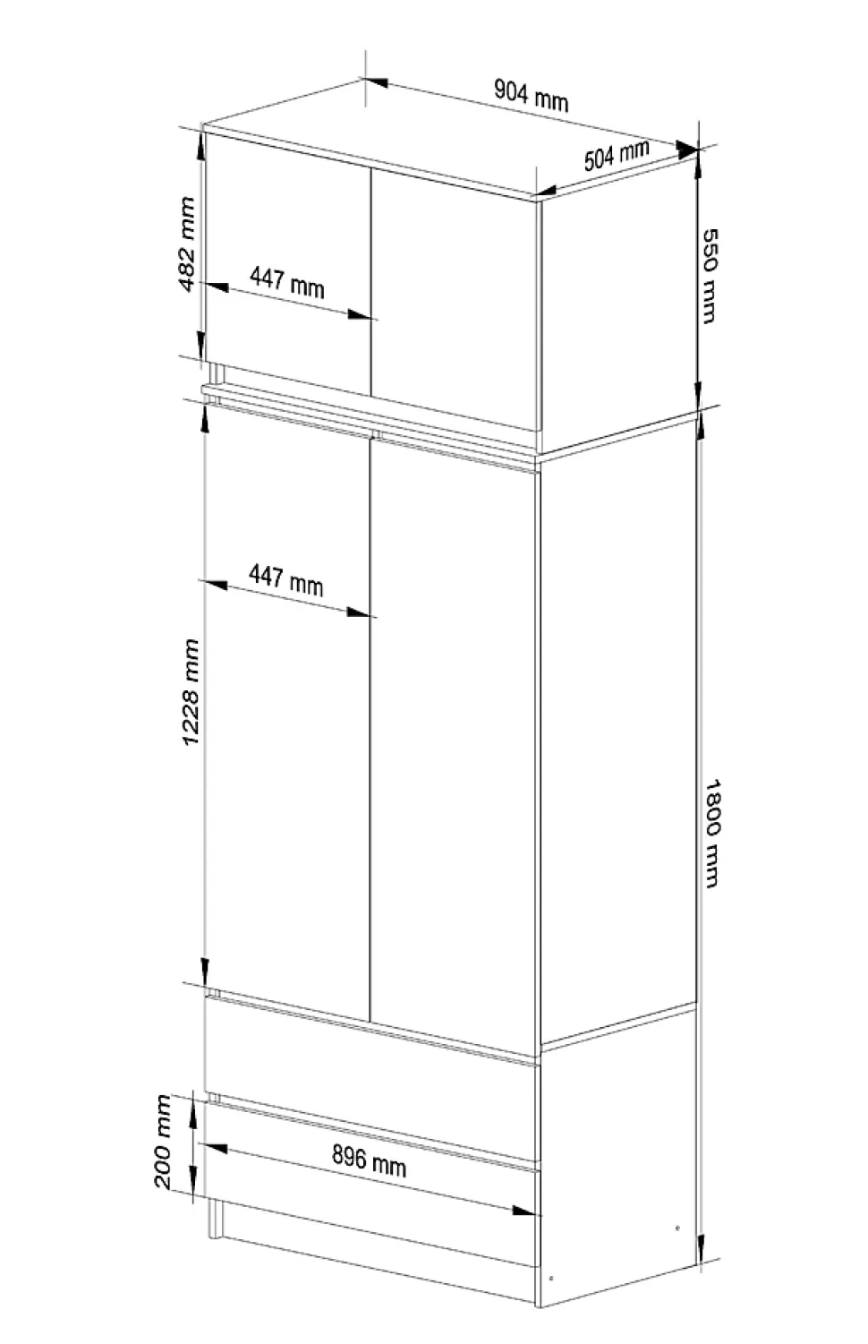 Armoire avec surmeuble AKORD S90 Blanche 90 cm 2 portes 2 tiroirs façade Blanche 6 étagères 90x51x234 cm