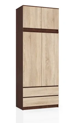 Armoire avec surmeuble AKORD S90 Wengé 90 cm 2 portes 2 tiroirs façade Chêne Sonoma 6 étagères 90x51x234 cm