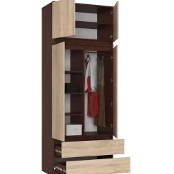 Armoire avec surmeuble AKORD S90 Wengé 90 cm 2 portes 2 tiroirs façade Chêne Sonoma 6 étagères 90x51x234 cm