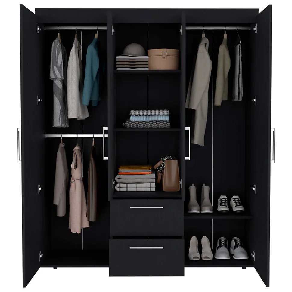 Armoire Bariloche en mélamine avec 4 portes, 4 étagères, 3 tringles à vêtements et 2 tiroirs , noir, 177.9 cm X 150.3 cm X 50.4 cm