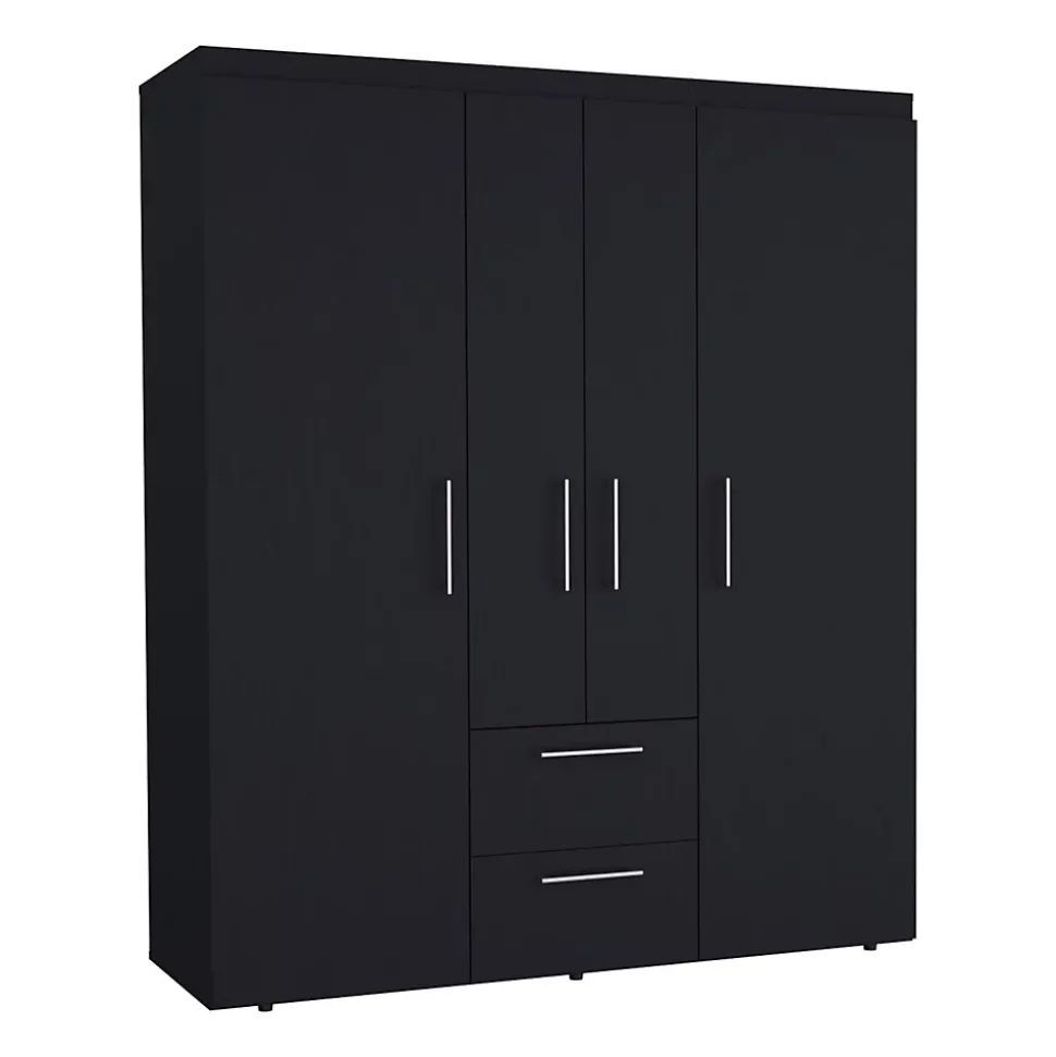 Armoire Bariloche en mélamine avec 4 portes, 4 étagères, 3 tringles à vêtements et 2 tiroirs , noir, 177.9 cm X 150.3 cm X 50.4 cm