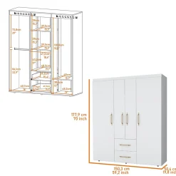 Armoire Bariloche en mélaminé avec 4 portes, 4 étagères, 3 tringles à vêtements et 2 tiroirs, blanc, 177.9 cm X 150.3 cm X 50.4 cm