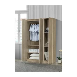 Armoire BARTIN 3 portes Chene clair et gris Penderie et étagères