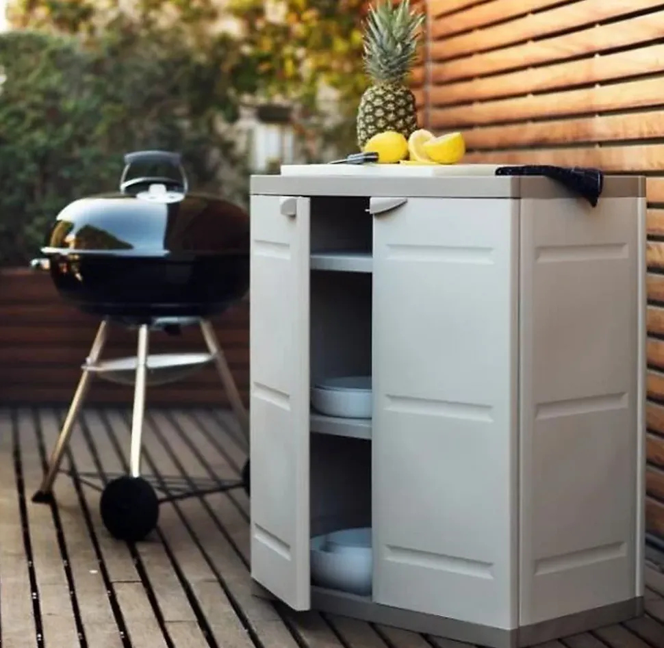 Armoire basse 2 portes intérieur/extérieur coloris beige - Longueur 70 x Profondeur 44 x Hauteur 88 cm
